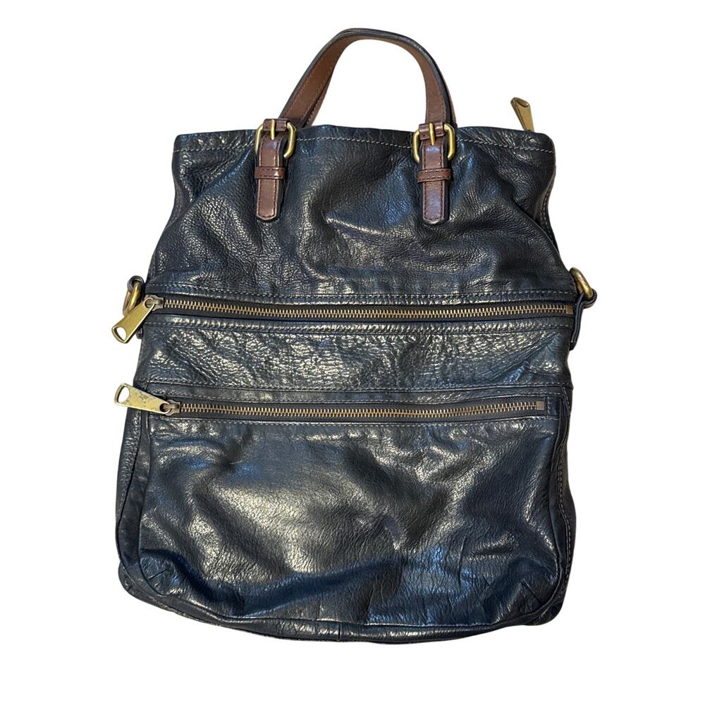 Vintage Fossil Explorer Black Leather Foldover Satchel Crossbody Bag Hipster